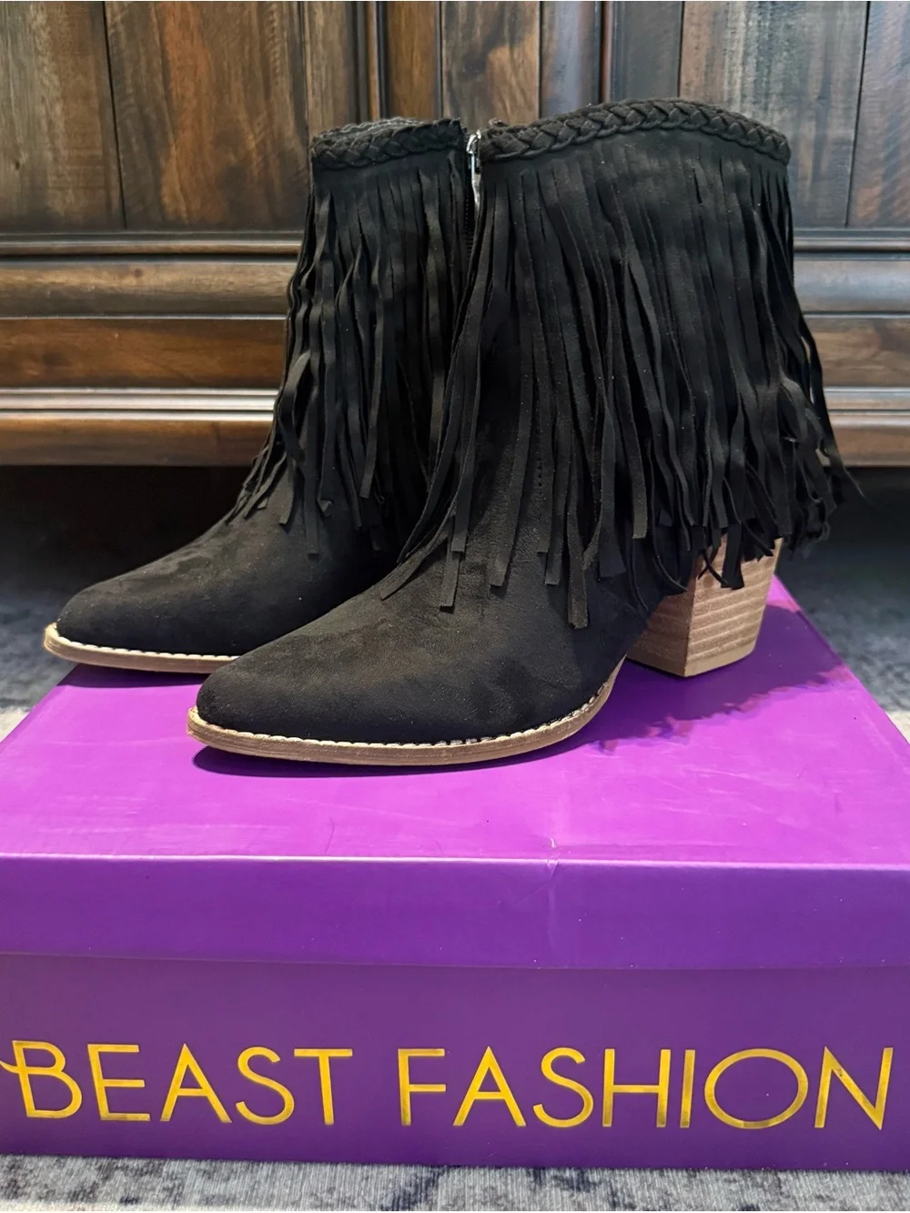 BEAST FASHION Black Suede Fringe Ankle Booties - Picture 1 of 5